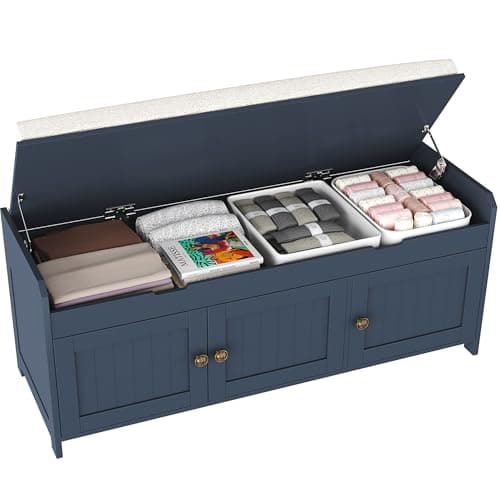 HOMEFORT 41.3" Shoe Bench with Lift Top Storage, Entryway Bench with Cushioned Seat, Wooden End of Bed Bench, Shoe Cabinet Bench with Hidden Storage Space, for Bedroom, Hallway,Blue