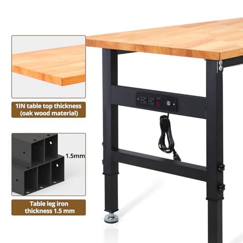 HONRISE Work Bench, Height Adjustable Workbench Heavy Duty Oak Wood Desktop Work Table with Power Socket for Garage, Workshop, Office and Home(47.3 x 23.6 in) 6