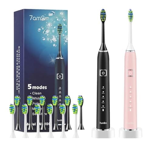 7AM2M Electric Toothbrush 2 Pack Set for Kids and Adults, 12 Brush Heads,5 Adjustable Modes, Built-in 2-Minute Smart Timer,Wireless Fast Charge for 60 Days,IPX7 Waterproof SonicToothbrush(Black+Pink)
