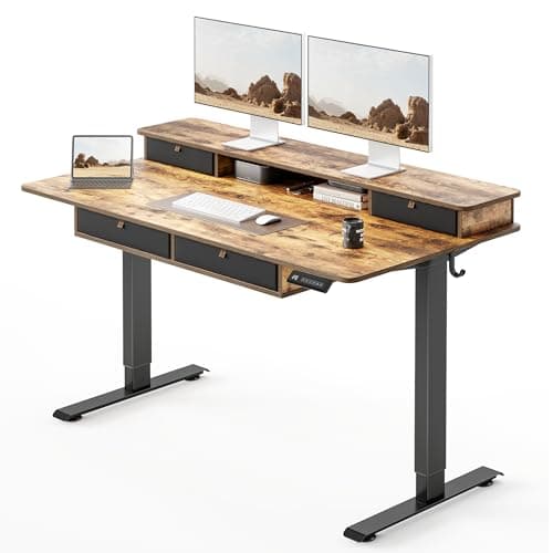 FEZIBO 48 x 24 inch Standing Desk with Drawers, Height Adjustable Electric Workstation, Computer Sit Stand Up Table with Large Storage Shelf 4 Drawers and 2 Hooks, Rustic Brown