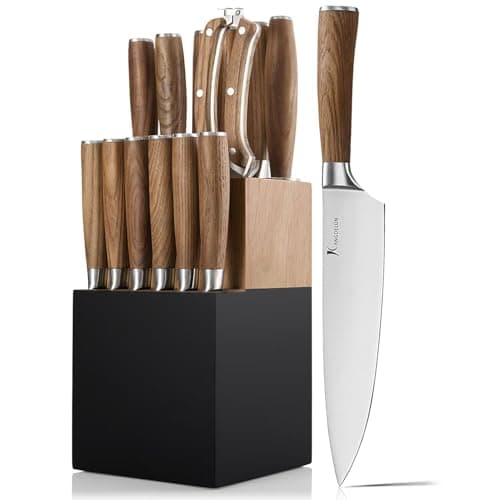 Kangdelun Ultra Sharp 15-Piece Kitchen Knife Set, High Carbon Stainless Steel Blades, Torrefied Brown Wood Handles, Ergonomic Design, Space-Saving Black-Finished Wood Block, Easy Hand Wash, Gift Box