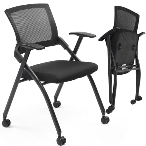 Eikyutora 1 Pack Modern Black Office Guest Reception Chairs, Ergonomic Foldable & Stackable Mesh Desk Chairs with Wheels, for Home, Office, Conference Rooms