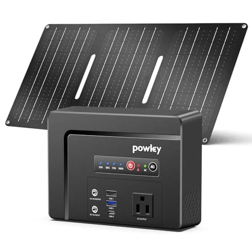 powkey Solar Powered Generator 100W Rated, 97Wh Portable Power Station with Solar Panels 30W Included, Fast Charging Power Bank with AC Outlet 110V/PD65W USB C/QC 3.0 for Outdoor Camping Home Backup
