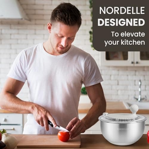 NORDELLE Stainless Steel Salad Spinner – Large Lettuce Dryer with Non-Slip Base & Instant Stop, BPA-Free Vegetable Washer, 5.3 Qt Cream White 8