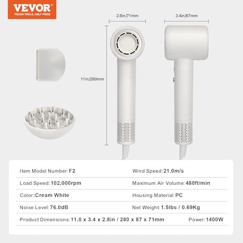 VEVOR High-Speed Hair Dryer with 102,000RPM Brushless Motor, 200 Million Negative Ions Hair Blow Dryer, 3-Color Temp LED Lights & 2 Speeds, Lightweight Hairdryer with Diffuser & Nozzle for Home Travel 7