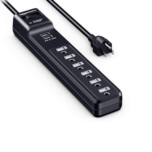 Amazon Basics Surge Protector Power Strip with 6 Outlets, 2 USB Ports, 1000 Joule, 6-Foot Cord Length, Black