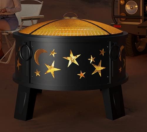Kingson 26" Outdoor Fire Pit with Grill & Mesh Cover, Wood Burning Steel Firepit with Poker & Star Spark Screen, Heavy Duty Patio Fire Bowl for Backyard, Camping & Garden 8