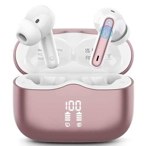 Wireless Earbuds, Bluetooth 5.4 Headphones in Ear with 4 ENC Noise Cancelling Mic, New Wireless Earphones HiFi Stereo Deep Bass 40H Playtime, In-Ear Bluetooth Earbuds LED Display IP7, USB-C, Rose Gold