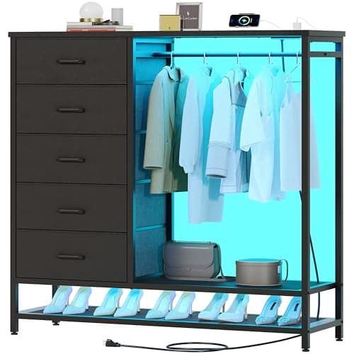 Dresser for Bedroom, Dresser with Hanging Rack Led Lights and Charging Station, Black Bedroom Dresser with 5 Fabric Chest of Drawers with PU Finish Storage Organizer, for Living Room Hallway, Black