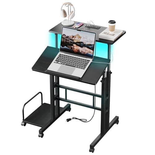 Dripex Mobile Standing Desk with Power Outlets & Strip Lights, Rolling Small Desk, Adjustable Height Laptop Table with Wheels, Portable Sit-Stand Workstation for Home Office