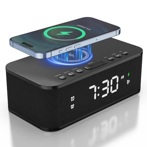 Fansbe Direct Digital Alarm Clock White Noise, Loud Digital Alarm Clocks Bedrooms, Alarm Clock Speaker Wireless Charger AUX USB Bluetooth Speaker 12/24H Dual Alarm Snooze Adjustable Brightness, Black