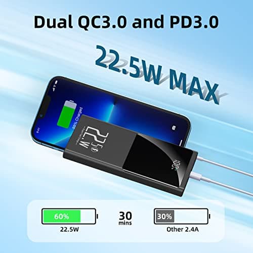 JONKUU Portable Charger 10000mAh, Power Bank 22.5W Fast Charge, Slim Battery Backup with USB C in/Out, LCD Display External Battery Pack for iPhone 16 15 14 13 12, Samsung, Google, Android etc 2