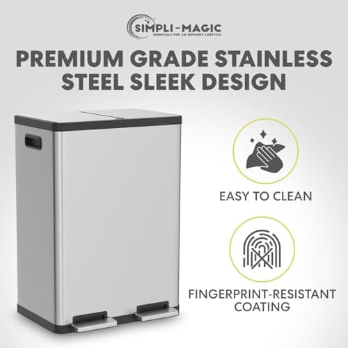 Simpli-Magic 16 Gallon (60L) Step Trash Can – Dual Compartment Kitchen Garbage Can with Waste & Recycling Bins – Slow-Close Lid, Odor Control, Hands-Free, Inner Bases, Premium Stainless Steel 8