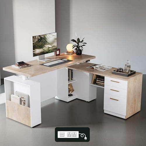 ModernMate 63" Standing Desk with File Cabinet, Privacy Panel, AC/USB, 1.18" Desktop, Executive L Shaped Height Adjustable Electric Stand Up Desk, Home Office Table with 3 Drawers, Light Walnut 9