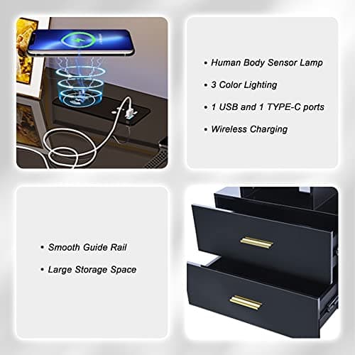 HNEBC Auto LED Nightstand with Wireless Charging Station & USB Ports,High Gloss Bedside Tables with 2 Drawers,Floating Nightstand with 3 Color & Adjustable Brightness for Bedroom,Black 9