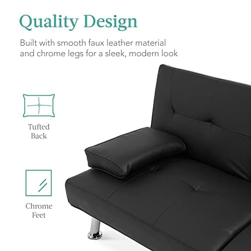Best Choice Products Faux Leather Upholstered Modern Convertible Futon, Adjustable Folding Sofa Bed, Guest Bed w/Removable Armrests - Black 6