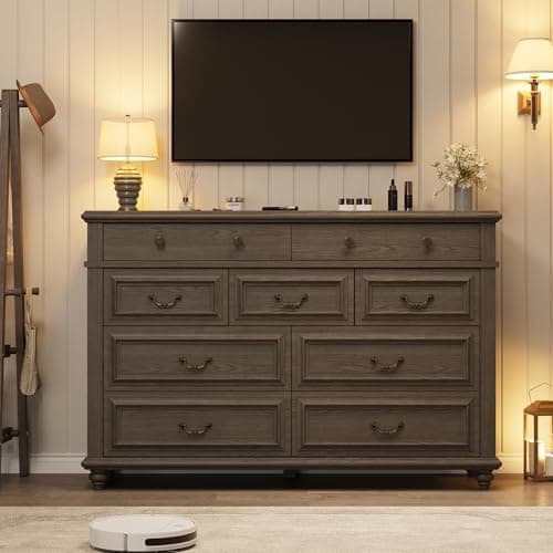 Jocoevol Farmhouse Dresser for Bedroom 9 Drawer Dresser with Deep Drawers, Large Grey Big Double Wooden Chest of Drawers for Living Room, Hallway (Grey, 9 Drawer) 7