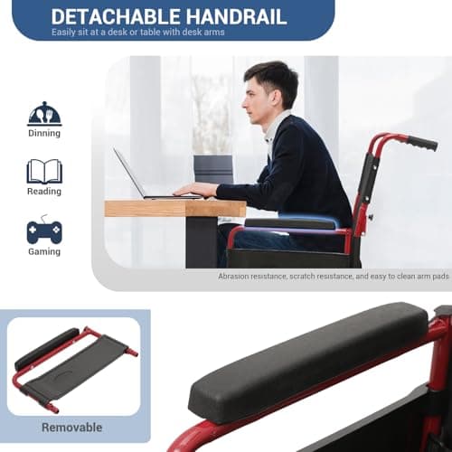 monicare Folding Transport Wheelchair for Adults, Heavy-Duty Wheel Chair with Padded Armrest and Swing-Away Footrest, 18 Inch Wide Seat Transport Chair for Seniors, 300Lbs Capacity, Red 5