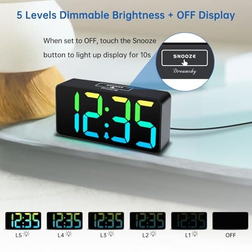 DreamSky Small Digital Alarm Clocks for Bedrooms - RGB Electric Alarm Clock for Kids Bedside Nightstand, Desk Clock with Large Numbers, Dimmer, Adjustable Alarm Volume, USB Port, USB-C Adapter Powered 5