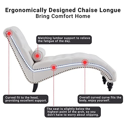 Iroomy Button-Tufted Chaise Lounge Indoor with Solid Wood Legs & Support Pillow, Upholstered Chaise Lounge Chair for Bedroom Living Room Office, Armless Rolled Backrest Leisure Sofa Recliner(Beige) 7