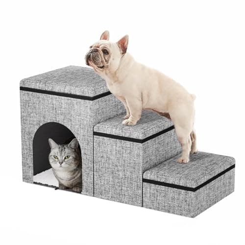MWHRE Dog Stairs with Storage, 3-Step Wider Dog Steps with Condo for Dogs and Cats, Pet Stairs for High Bed Climbing, Grey