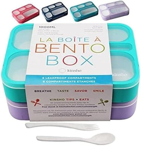 kinsho Bento Lunch Box Kids & Adult: Leakproof Lunch Containers for Boys & Girls with 6 Compartments - School, Daycare, Meal Planning Portion Control Container, BPA-Free Boxes, Utensils | Purple Teal