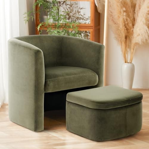 COLAMY Upholstered Velvet Barrel Accent Chair with Storage Ottoman, Morden Living Room Side Chair, Single Sofa Armchair with Lounge Seat for Bedroom/Office/Reading Spaces, Green