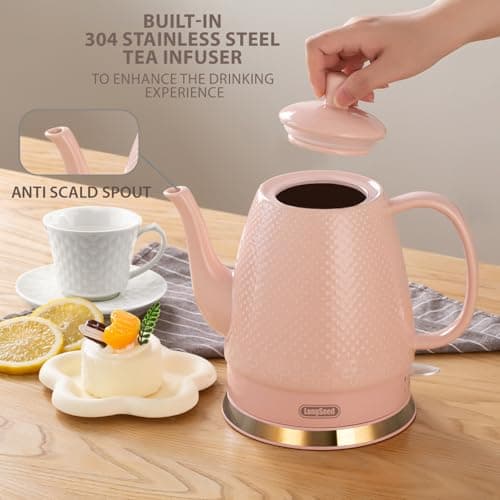 LONGSEED 1.2 Liters Ceramic Electric Kettle Pot, Boil Water Quickly and Easily with Boil-Dry Protection, Auto Shut Off, Detachable Swivel Base, Graceful Gooseneck Teapot 1000W, Pink 6