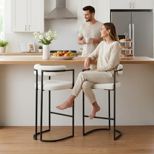 QUINJAY 30Inch Sherpa Bar Stools Set of 2, Modern White Barrel Bar Stools with Comfy Back, Upholstered High Dining Chairs with Black Leg Boucle Kitchen Bar Chairs for Dining Room/Kitchen Island/Bar