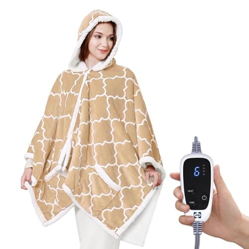 Sealy Wearable Heated Throw Blanket, Flannel & Sherpa Electric Throw Shawl Poncho with Hoodie & Pocket, 6 Heating Levels & 2-10 Hours Auto Shut Off, Machine Washable, 50x60 Inch, Beige