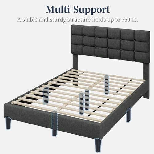 Yaheetech Upholstered Bed Frame, Modern Full Bed Platform with Square Stitched&Button Tufting Headboard Height Adjustable, Wooden Slats Support, No Box Spring Needed, Full Size, Dark Gray 9