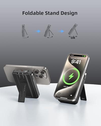 for Magsafe Magnetic Portable Charger, 10000mAh Wireless Power Bank with Built-in Cable & AC Wall Plug, Battery Pack PD 22.5W with Stand, LED Display for iPhone 17/16/15/14/13 Series, Samsung, Pixel 7
