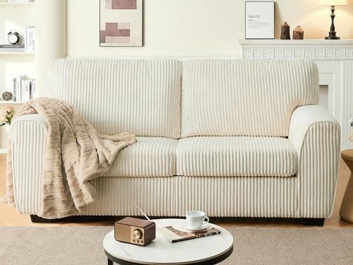 Mangodan 70" Corduroy Modern Loveseat Sofa Couch, Cozy Comfy Overstuffed Loveseat Couch Sofa with Square Wide Armrest, Extra Deep Seat Loveseat Couches for Living Room, Beige