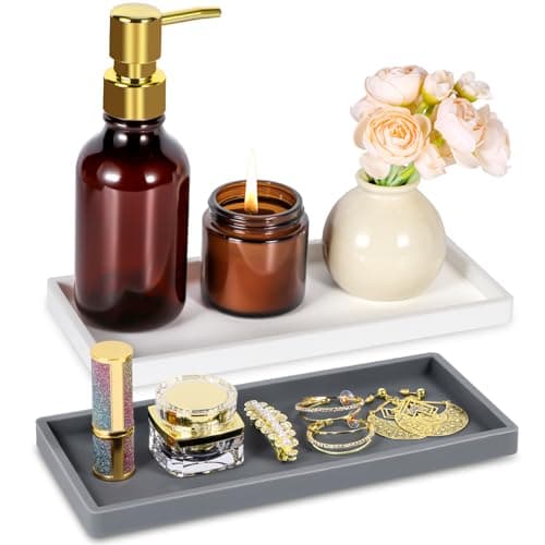 Wikapy 2PCS Bathroom Vanity Tray, 10'' Silicone Counter Tray, Flexible Shatterproof Kitchen Sink for Soap Dispenser, Rectangle Countertop Valet for Key, Perfume, Ring (Grey & White)