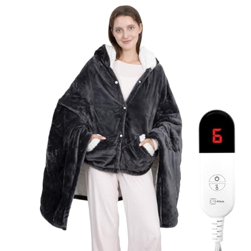 Wearable Heated Throw Blanket, Electric Heated Wrap Poncho Shawl & Hoodies with Pockets, 7 Heating Levels & 4 Hours Time Settings, Machine Washable with ETL Certification 40" x 70", Gray