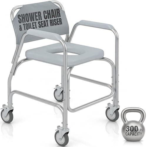 Vive Shower Chair & Toilet Riser with Wheels - Rolling Bathroom Seat for Elderly, Disabled, Handicapped - Adjustable Senior Raised Bath Potty Chair with Handles for Adults - w/ Arms & Locking Wheels