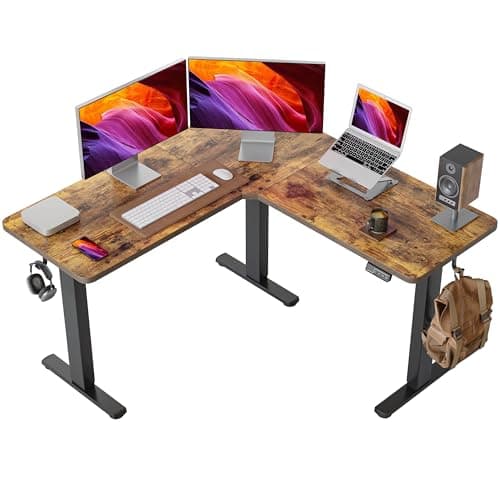 FEZIBO L Shaped Standing Desk, Electric Stand up Height Adjustable Home Office Table, Sit Stand Desk, Light Rustic Brown Top