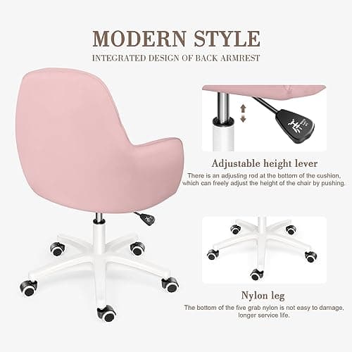 HDHNBA Mid Back Velvet Vanity Chair Swivel Rolling Desk Chair with Wheels, Modern Upholstered Makeup Chair for Women Girls, Computer Task Chair for Bedroom Living Room Office, Pink 3