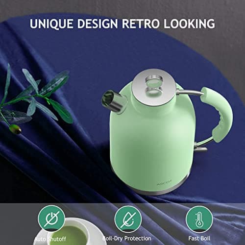 ASCOT Electric Kettle, Stainless Steel Tea Boiler 1.6qt 1500W Retro Tea Heater & Boiling Kettle, Auto Shut-Off and Boil-Dry Protection(Matte Green) 5