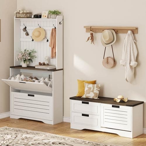 FATORRI Shoe Storage Bench with Flip Drawer, Wooden Entryway Bench, Modern Shoe Cabinet with Removable Drawers for Hallway, Living Room (Walnut Brown & White Oak) 6