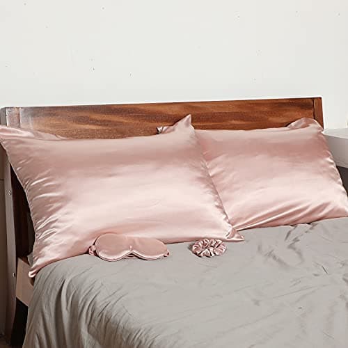 2 Pack Satin Pillowcase with Latent Zipper, Adjustable Satin Eye Mask for Sleeping and Satin Volume Scrunchie for Hair and Skin, Standard Size (Light Pink,Classic Style) 6