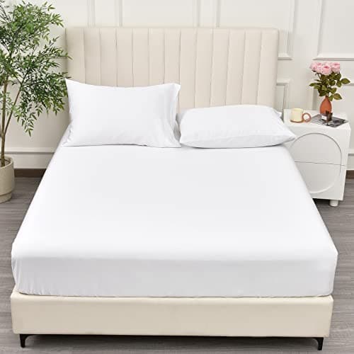 PHF 100% Rayon Derived from Bamboo Cooling Fitted Sheet King Size for Hot Sleeper, 16" Deep Pocket, 2.5cm Wider Strong Elastic Easy Fit, Breathable Silky Smooth Soft,78"x 80",White, No Pillowcases