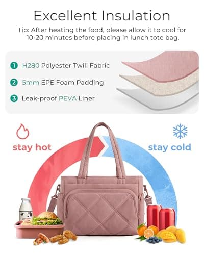 BAGSMART Lunch Bag Women Large Lunch Box Insulated Tote Bag with Multi-Pockets Quilted Puffy Tote for Work, Outdoors 8