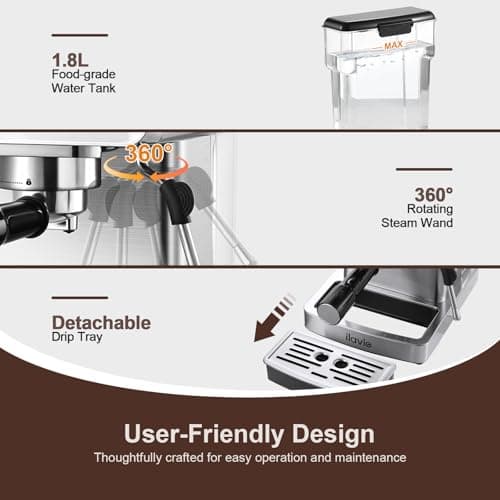 ILAVIE Espresso Machine 20 Bar, Espresso Maker with Steam Milk Frother，Espresso Coffee Machine with 60oz Removable Water Tank for Lattle, Cappuccino, Stainless Steel 6