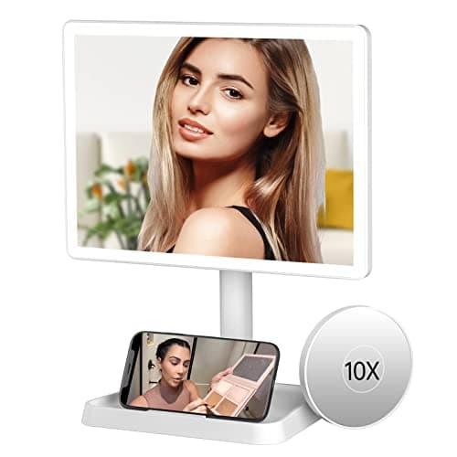 FUNTOUCH Large Makeup Vanity Mirror with Lights, Rechargeable Lighted Desk Makeup Mirror with 96 LED Lights and 10x Magnifying Mirror, 3 Color Lighting, Light up Make up Mirror with Phone Holder 9