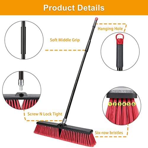 18 inches Push Broom Outdoor Garden Broom with 63" Long Handle for Deck Driveway Garage Yard Patio Concrete Floor Cleaning(Red) 5