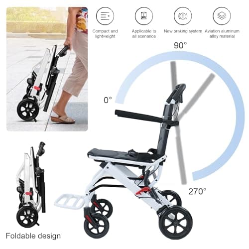 Lightweight Transport Wheelchair for Adults Foldable Transit Travel Chair for Adults Ergonomic Design Small Wheelchair with Adjustable Safety Strap Carbon Steel Frame PU Wheels for Smooth Rid A 6