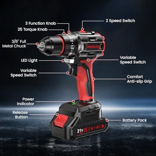 Brushless Cordless Drill Set - Electric Taladro Inalmbrico with 2 * 2Ah Battery and Charger - Hand Battery Drill Machine Driver Driller Atornillador Inalmbrico 6