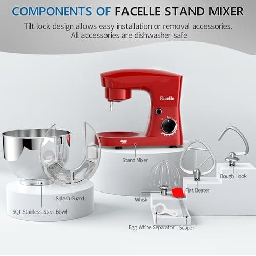 Facelle Stand Mixer, 10-Speed 6QT Kitchen Electric Mixer, Tilt-Head Food Mixer with Beater, Dough Hook, Wire Whip and Egg Separator, scraper for Most Home Cooks - Red 6
