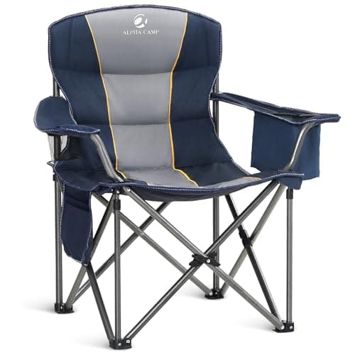 ALPHA CAMP Heavy Duty Camping Chair 500 LBS Capacity, Oversized Folding Chair for Heavy People, Padded Portable Outdoor Chair with Cooler Bag & Cup Holder for Camping, Fishing, Beach,NavyBlue,1PC